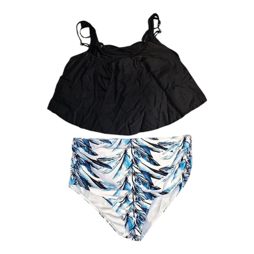 Women's Black Ruffle Top and White and Blue High Waist Bottom. Size 2X. NWOT. - Picture 2 of 4